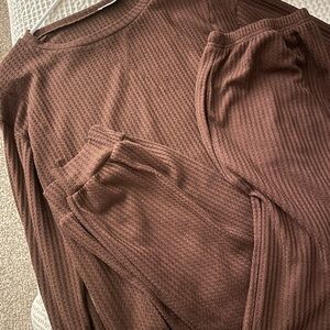 Waffle Knit Two-Piece Loungewear Set - Chocolate Brown